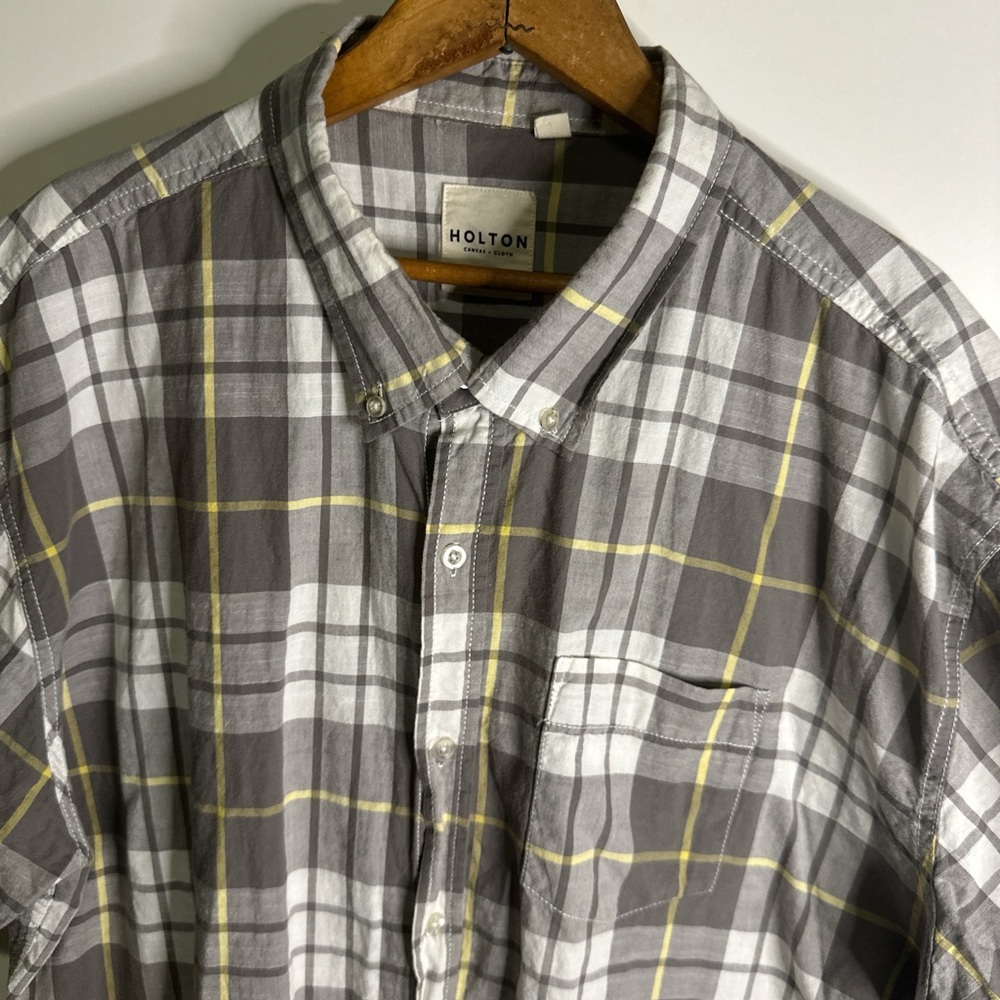 Men's Casual Gray and Yellow Plaid Shirt